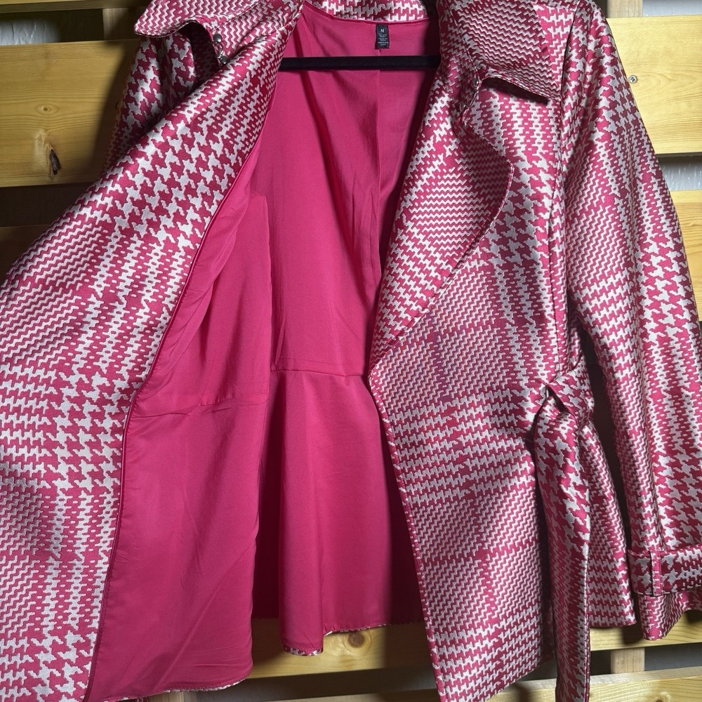 White House Black Market Trench Jacket Coat Womens Medium Pink Plaid Classy - Picture 5 of 9